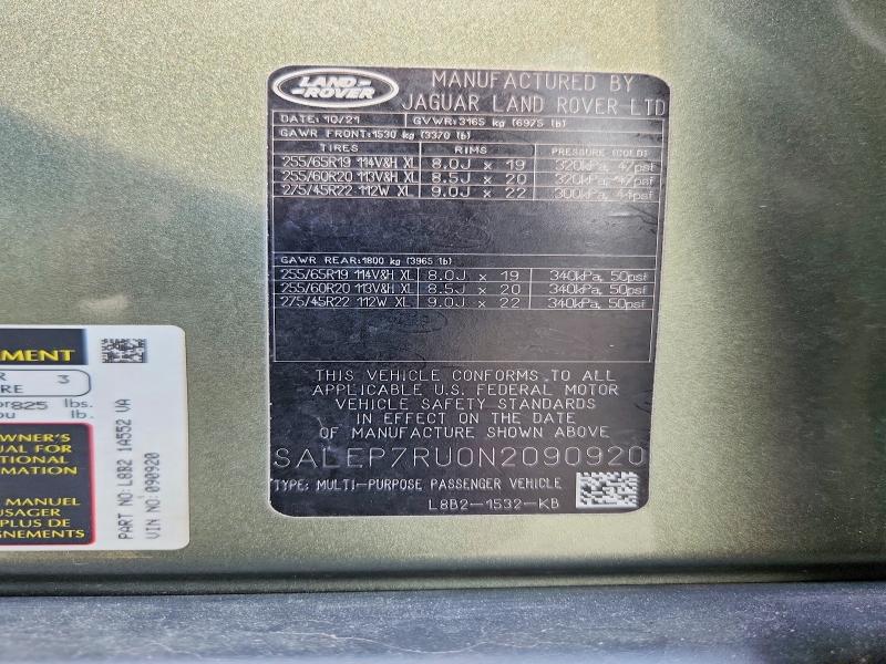 Продаж на аукціоні авто 2022 Land Rover Defender, vin: SALEP7RU0N2090920, номер лоту: 62465366
