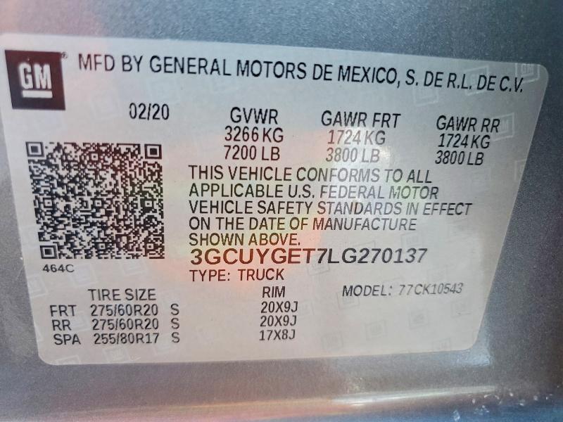 60431466 :رقم المزاد ، 3GCUYGET7LG270137 vin ، 2020 Chevrolet Silverado مزاد بيع