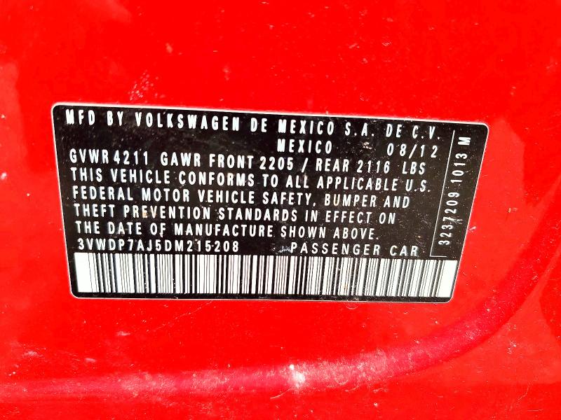 2013 Volkswagen Jetta მანქანა იყიდება აუქციონზე, vin: 3VWDP7AJ5DM215208, აუქციონის ნომერი: 61414156