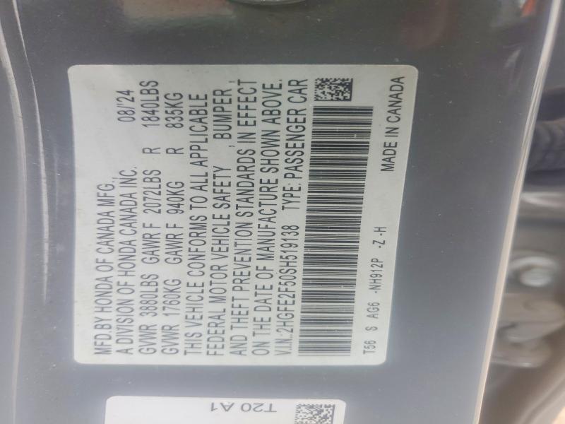 Продаж на аукціоні авто 2025 Honda Civic, vin: 2HGFE2F50SH519138, номер лоту: 60852316