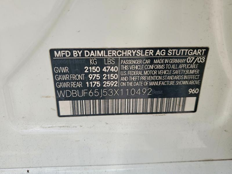 60997906 :رقم المزاد ، WDBUF65J53X110492 vin ، 2003 Mercedes-benz E مزاد بيع