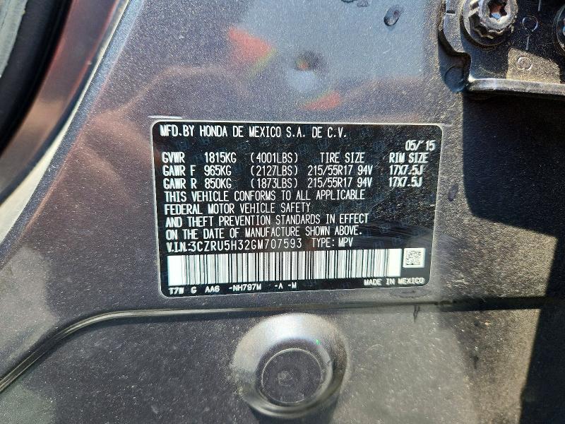 62592306 :رقم المزاد ، 3CZRU5H32GM707593 vin ، 2016 Honda Hr-v مزاد بيع