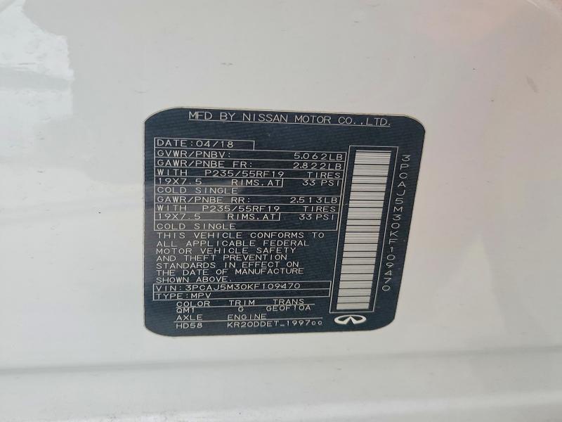 63161106 :رقم المزاد ، 3PCAJ5M30KF109470 vin ، 2019 Infiniti Qx50 مزاد بيع