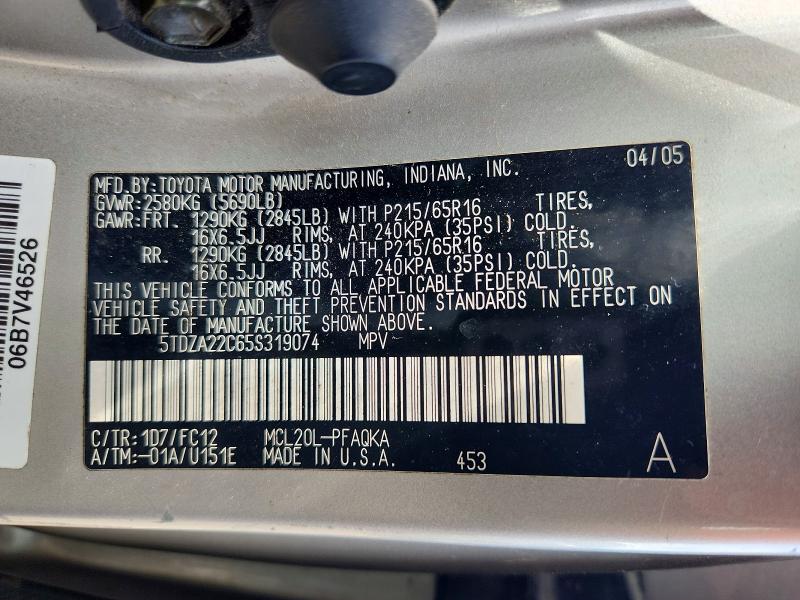 61099216 :رقم المزاد ، 5TDZA22C65S319074 vin ، 2005 Toyota Sienna مزاد بيع