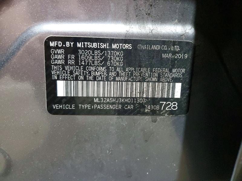 2019 Mitsubishi Mirage მანქანა იყიდება აუქციონზე, vin: ML32A5HJ3KH011307, აუქციონის ნომერი: 62803466