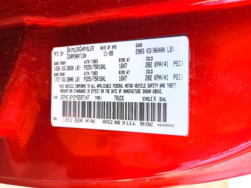 Aukcja sprzedaży 2000 Dodge Ram 1500, vin: 1B7HC16Y2YS597147, numer aukcji: 62265436