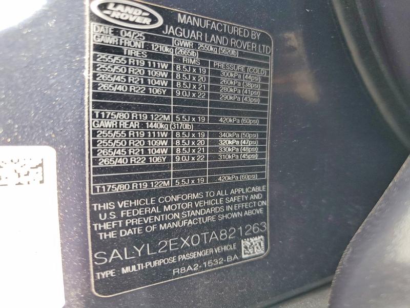 59652746 :رقم المزاد ، SALYL2EX0TA821263 vin ، 2026 Land Rover Range Rover Velar مزاد بيع
