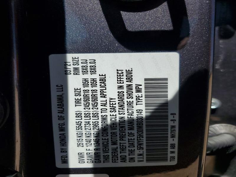2021 Honda Pilot მანქანა იყიდება აუქციონზე, vin: 5FNYF5H30MB030149, აუქციონის ნომერი: 61948826