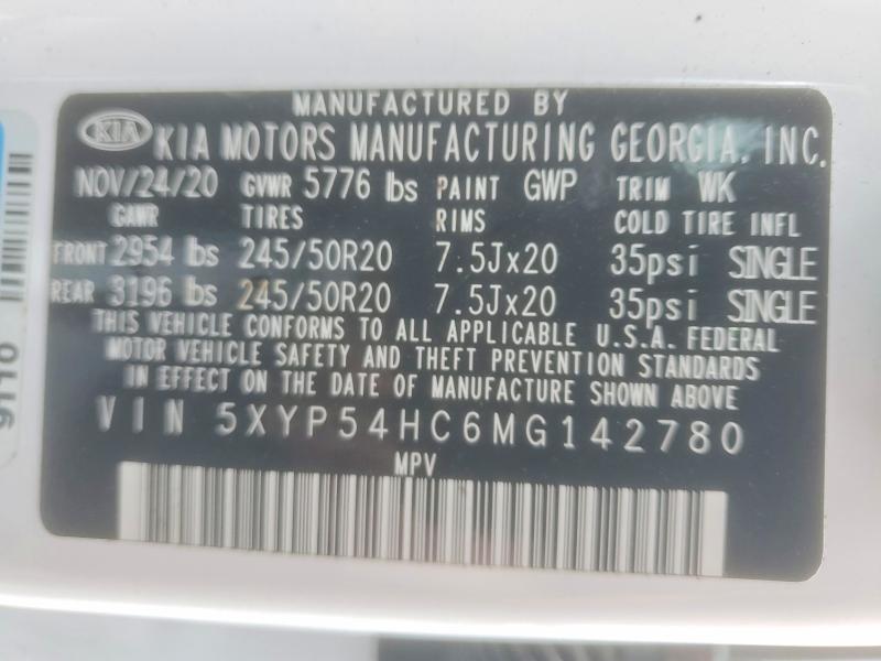 2021 Kia Telluride მანქანა იყიდება აუქციონზე, vin: 5XYP54HC6MG142780, აუქციონის ნომერი: 59282596