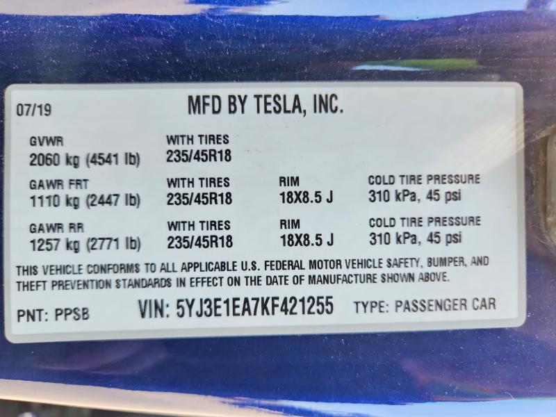 Продажа на аукционе авто 2019 Tesla Model 3, vin: 5YJ3E1EA7KF421255, номер лота: 61892416