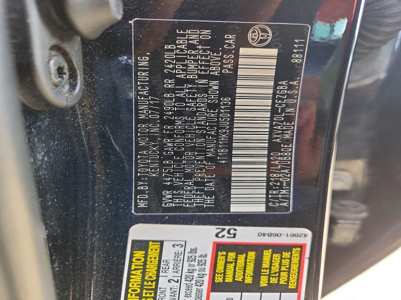 Продажа на аукционе авто 2018 Toyota Camry, vin: 4T1B11HK9JU501136, номер лота: 61767586