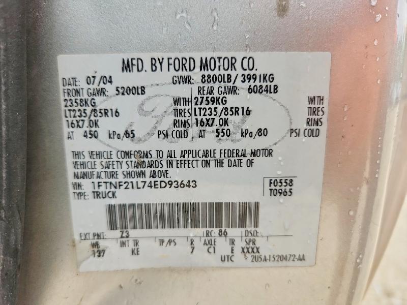 Aukcja sprzedaży 2004 Ford F250, vin: 1FTNF21L74ED93643, numer aukcji: 62062946