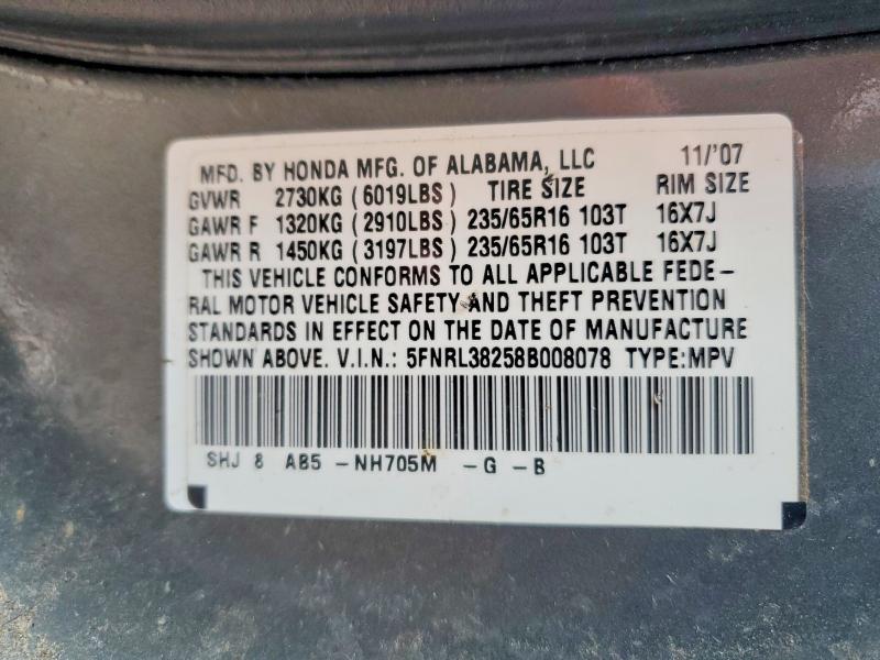 2008 Honda Odyssey მანქანა იყიდება აუქციონზე, vin: 5FNRL38258B008078, აუქციონის ნომერი: 61355326