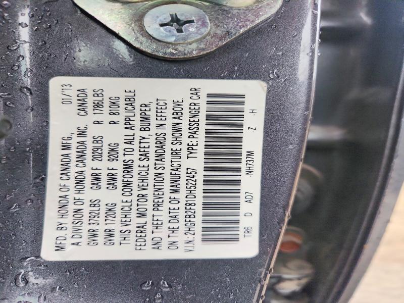 2013 Honda Civic მანქანა იყიდება აუქციონზე, vin: 2HGFB2F81DH522457, აუქციონის ნომერი: 60456656