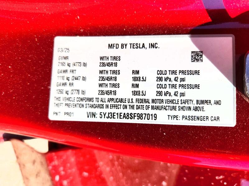 62211316 :رقم المزاد ، 5YJ3E1EA8SF987019 vin ، 2025 Tesla Model 3 مزاد بيع