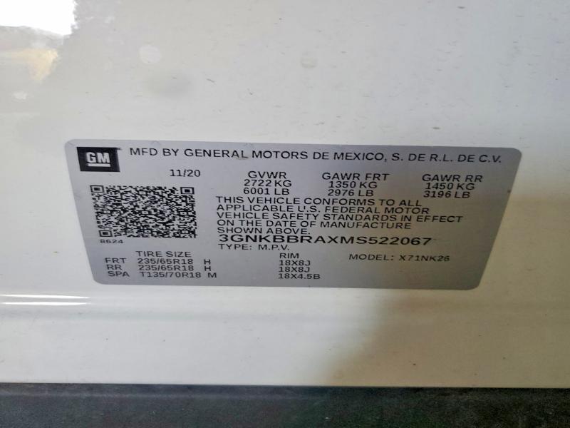 59167316 :رقم المزاد ، 3GNKBBRAXMS522067 vin ، 2021 Chevrolet Blazer مزاد بيع