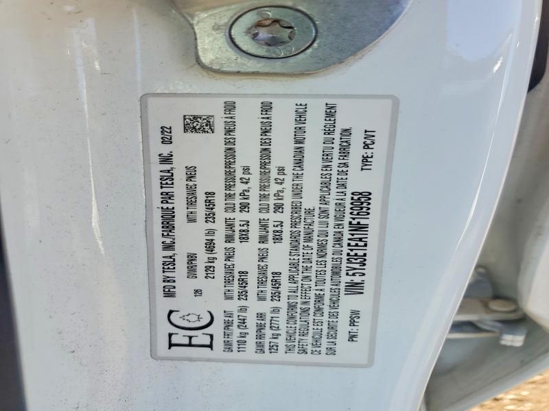 2022 Tesla Model 3 მანქანა იყიდება აუქციონზე, vin: 5YJ3E1EA1NF169958, აუქციონის ნომერი: 59087866