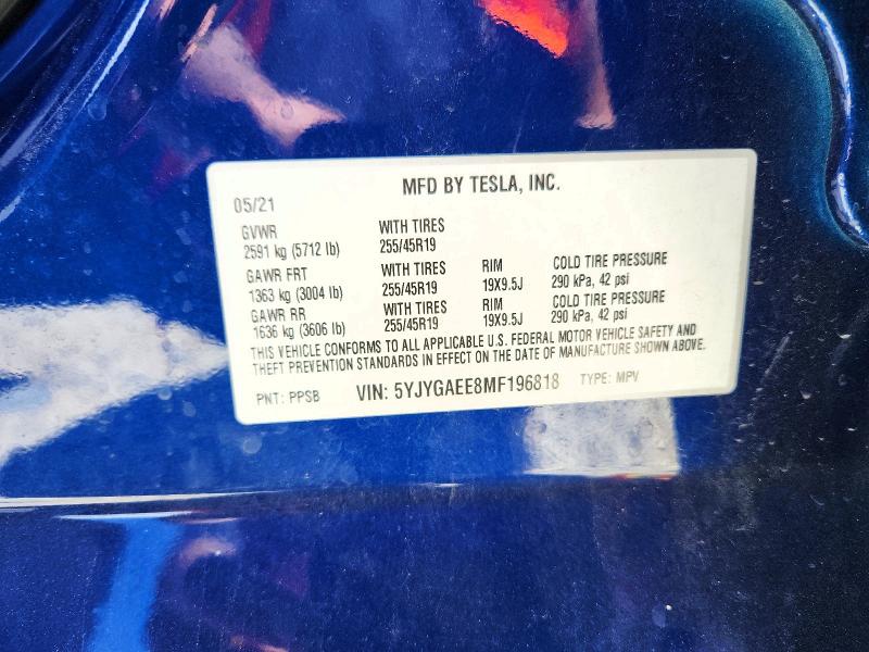 60653596 :رقم المزاد ، 5YJYGAEE8MF196818 vin ، 2021 Tesla Model Y مزاد بيع