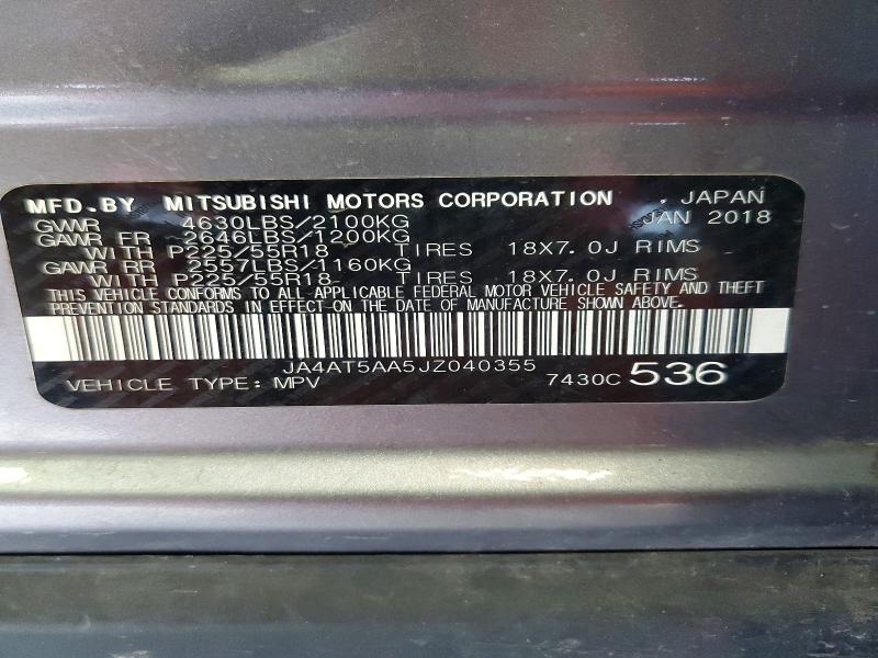 2018 Mitsubishi Eclipse Cross მანქანა იყიდება აუქციონზე, vin: JA4AT5AA5JZ040355, აუქციონის ნომერი: 60758276