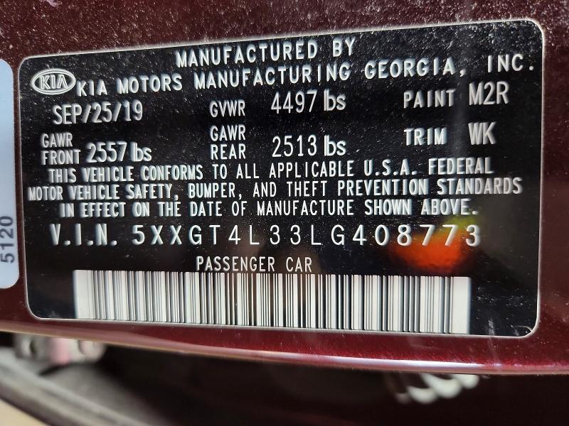 60600536 :رقم المزاد ، 5XXGT4L33LG408773 vin ، 2020 Kia Optima مزاد بيع