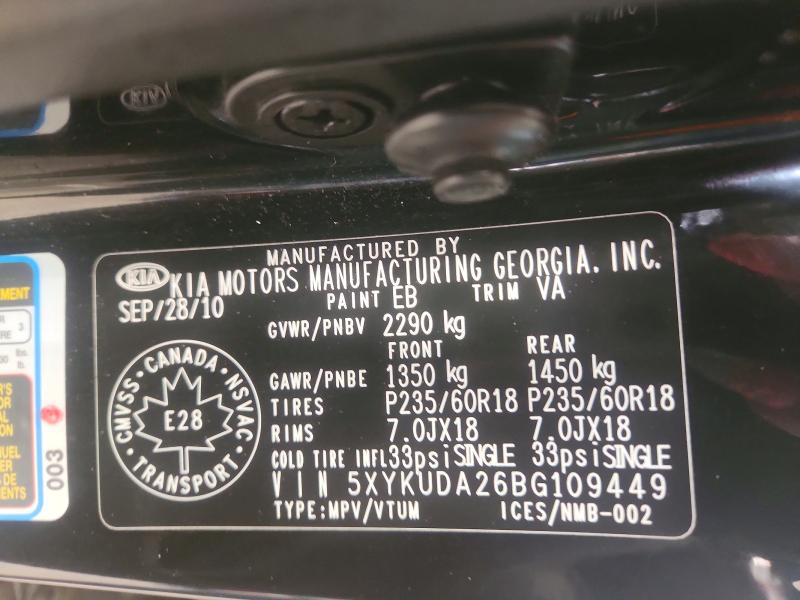 61812116 :رقم المزاد ، 5XYKUDA26BG109449 vin ، 2011 Kia Sorento مزاد بيع