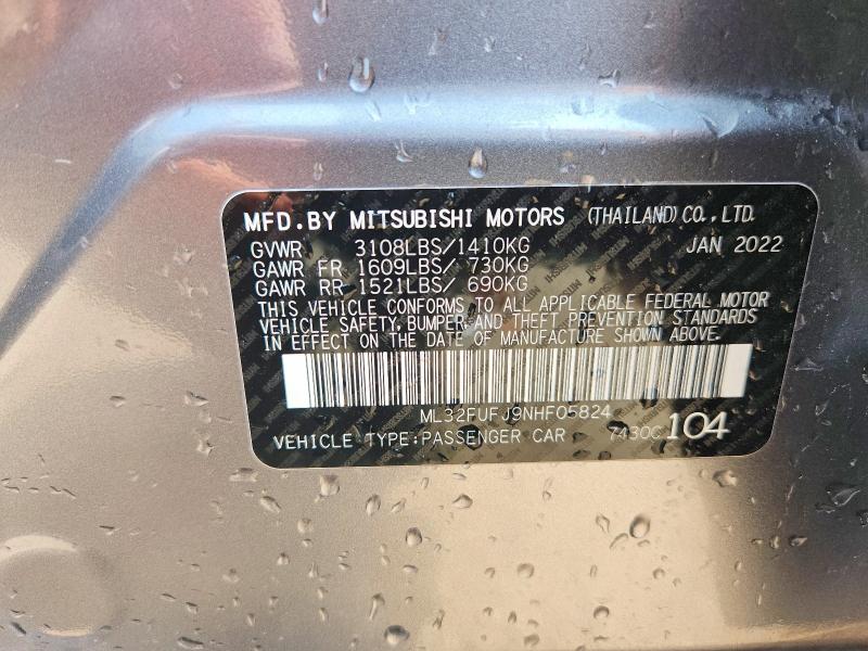 2022 Mitsubishi Mirage მანქანა იყიდება აუქციონზე, vin: ML32FUFJ9NHF05824, აუქციონის ნომერი: 62574586