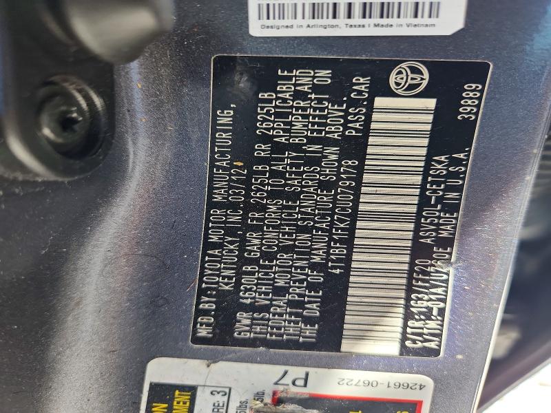 50247416 :رقم المزاد ، 4T1BF1FK7CU079178 vin ، 2012 Toyota Camry مزاد بيع