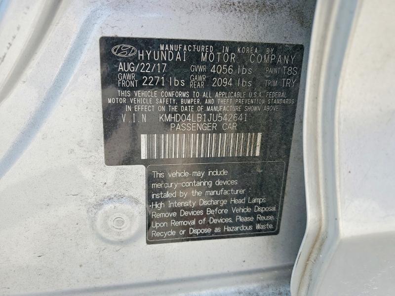 2018 Hyundai Elantra მანქანა იყიდება აუქციონზე, vin: KMHD04LB1JU542641, აუქციონის ნომერი: 61947666