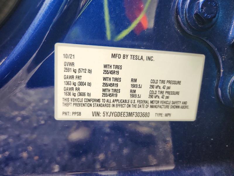 60111676 :رقم المزاد ، 5YJYGDEE3MF303680 vin ، 2021 Tesla Model Y مزاد بيع
