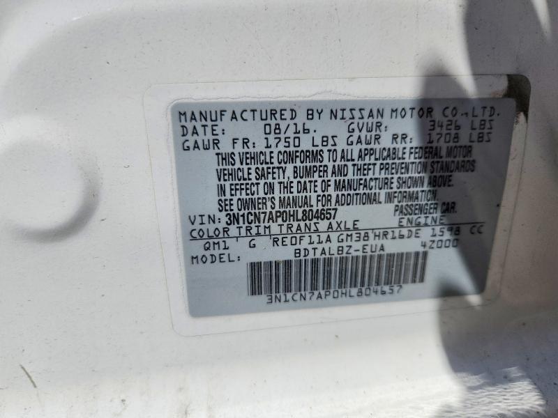 60001346 :رقم المزاد ، 3N1CN7AP0HL804657 vin ، 2017 Nissan Versa مزاد بيع