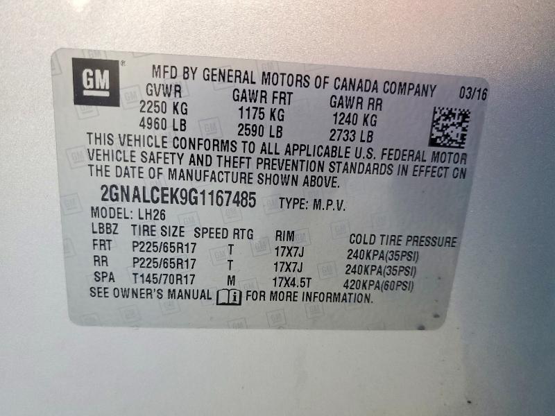 2016 Chevrolet Equinox მანქანა იყიდება აუქციონზე, vin: 2GNALCEK9G1167485, აუქციონის ნომერი: 60148116