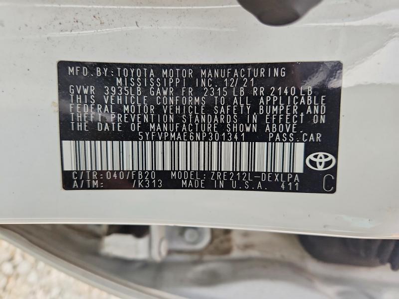 60257246 :رقم المزاد ، 5YFVPMAE6NP301341 vin ، 2022 Toyota Corolla مزاد بيع