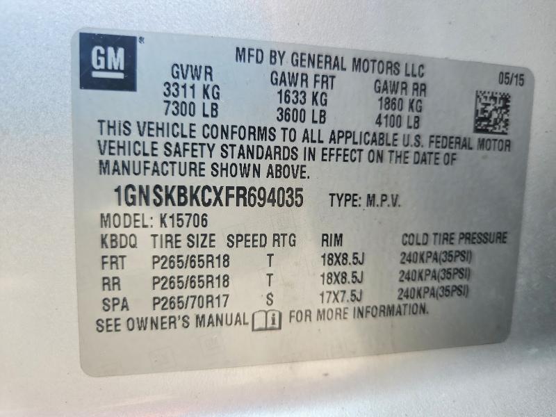 Aukcja sprzedaży 2015 Chevrolet Tahoe, vin: 1GNSKBKCXFR694035, numer aukcji: 60625626