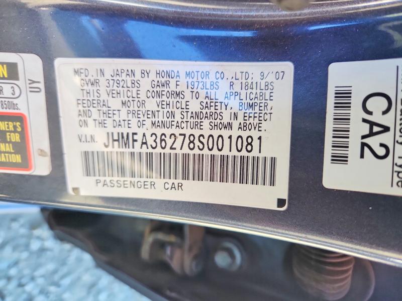 60222826 :رقم المزاد ، JHMFA36278S001081 vin ، 2008 Honda Civic مزاد بيع