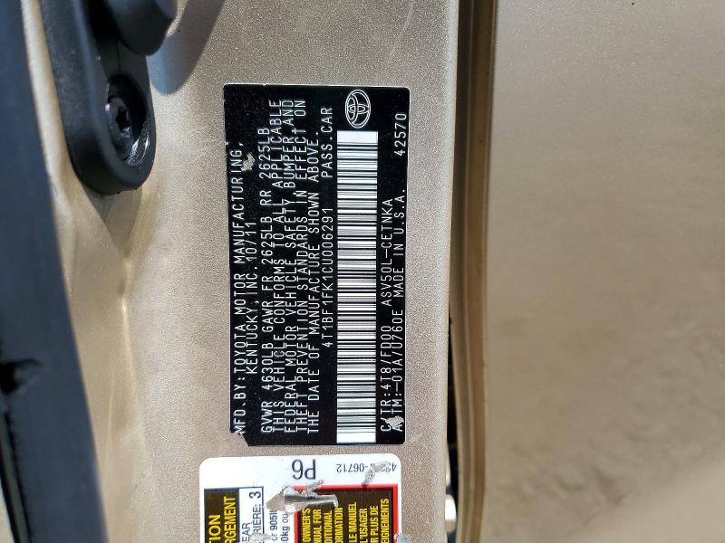 2012 Toyota Camry მანქანა იყიდება აუქციონზე, vin: 4T1BF1FK1CU006291, აუქციონის ნომერი: 59287706