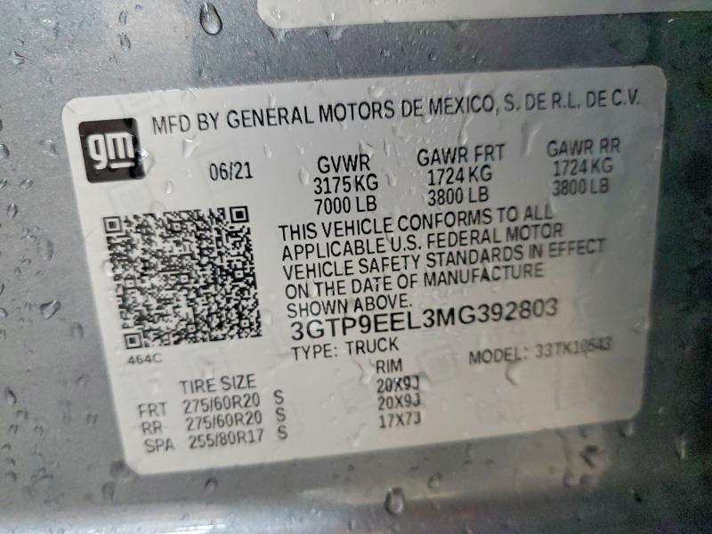 Продаж на аукціоні авто 2021 Gmc Sierra, vin: 3GTP9EEL3MG392803, номер лоту: 62044006