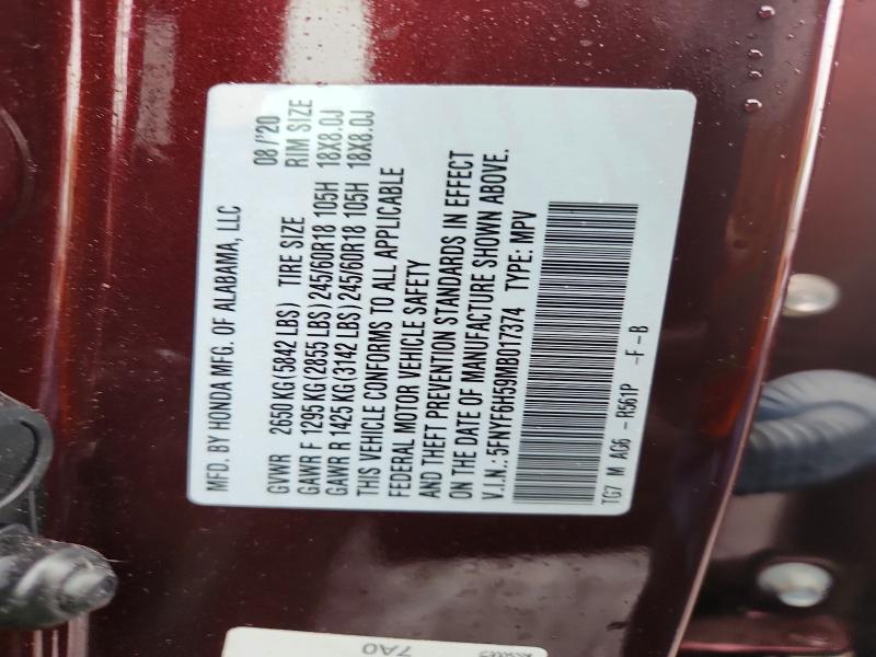 59324716 :رقم المزاد ، 5FNYF6H59MB017374 vin ، 2021 Honda Pilot مزاد بيع