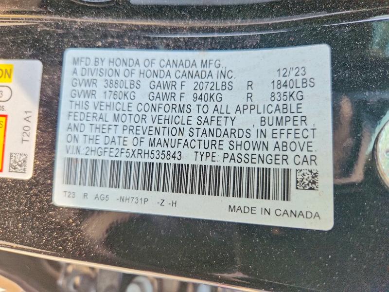 2024 Honda Civic მანქანა იყიდება აუქციონზე, vin: 2HGFE2F5XRH535843, აუქციონის ნომერი: 61540196