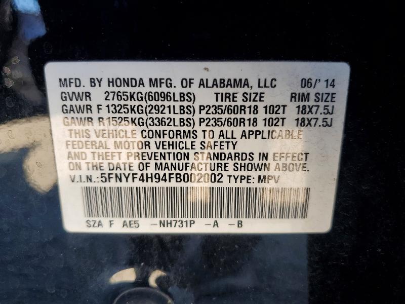 2015 Honda Pilot მანქანა იყიდება აუქციონზე, vin: 5FNYF4H94FB002002, აუქციონის ნომერი: 62639966