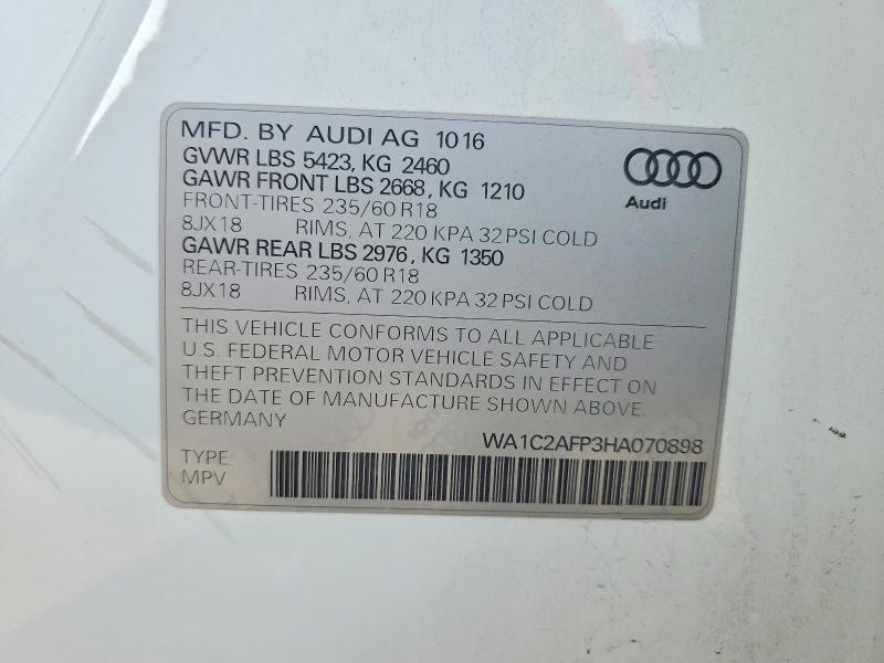 2017 Audi Q5 მანქანა იყიდება აუქციონზე, vin: WA1C2AFP3HA070898, აუქციონის ნომერი: 57933056
