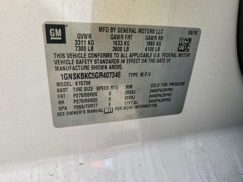 Aukcja sprzedaży 2016 Chevrolet Tahoe, vin: 1GNSKBKC5GR407346, numer aukcji: 59253346