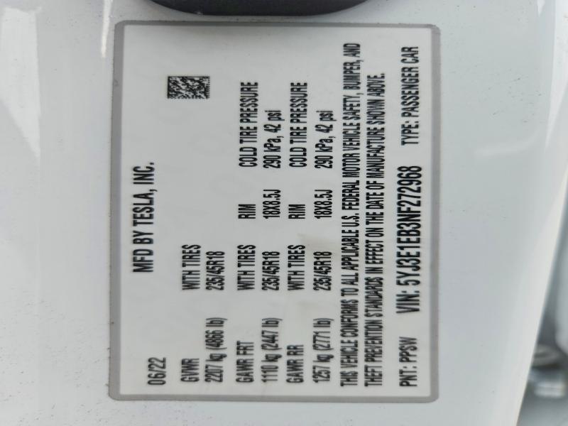Продаж на аукціоні авто 2022 Tesla Model 3, vin: 5YJ3E1EB3NF272968, номер лоту: 62050096