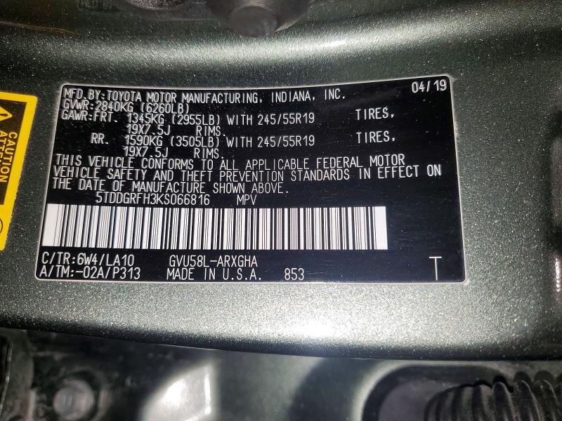 2019 Toyota Highlander Hybrid მანქანა იყიდება აუქციონზე, vin: 5TDDGRFH3KS066816, აუქციონის ნომერი: 60673046