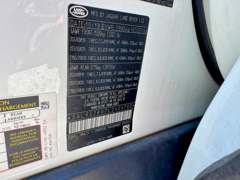 Продаж на аукціоні авто 2020 Land Rover Discovery, vin: SALRG2RV7L2424760, номер лоту: 62313256