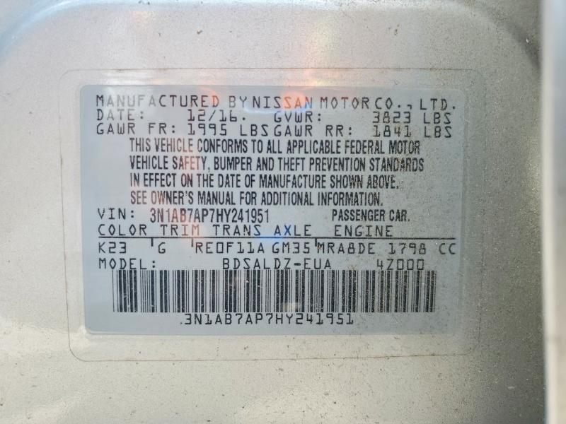 2017 Nissan Sentra მანქანა იყიდება აუქციონზე, vin: 3N1AB7AP7HY241951, აუქციონის ნომერი: 59144806