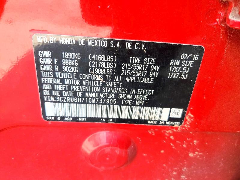2016 Honda Hr-v მანქანა იყიდება აუქციონზე, vin: 3CZRU6H71GM737905, აუქციონის ნომერი: 61537976