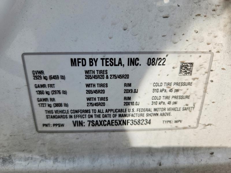 Aukcja sprzedaży 2022 Tesla Model X, vin: 7SAXCAE5XNF358234, numer aukcji: 61887626
