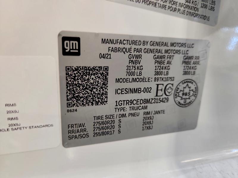 62074476 :رقم المزاد ، 1GTR9CED8MZ315429 vin ، 2021 Gmc Sierra مزاد بيع