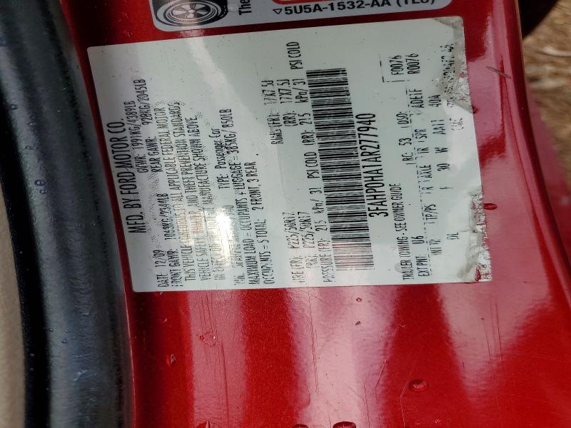 2010 Ford Fusion მანქანა იყიდება აუქციონზე, vin: 3FAHP0HA1AR277940, აუქციონის ნომერი: 60653436