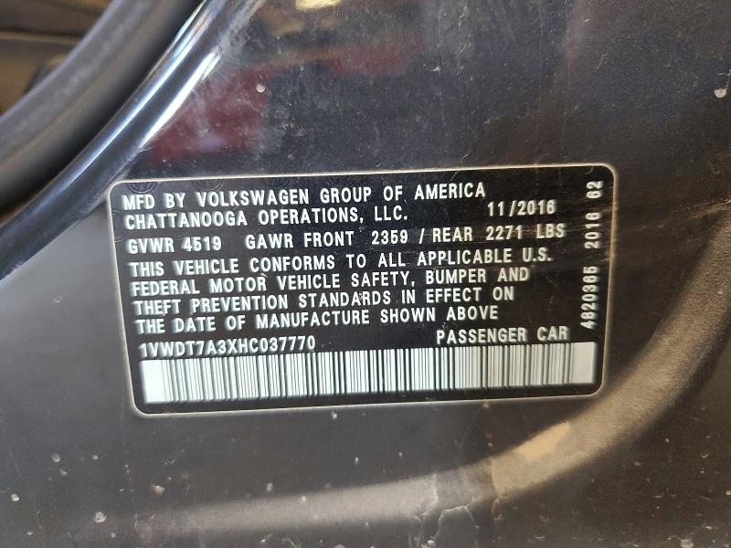 Aukcja sprzedaży 2017 Volkswagen Passat, vin: 1VWDT7A3XHC037770, numer aukcji: 61180536